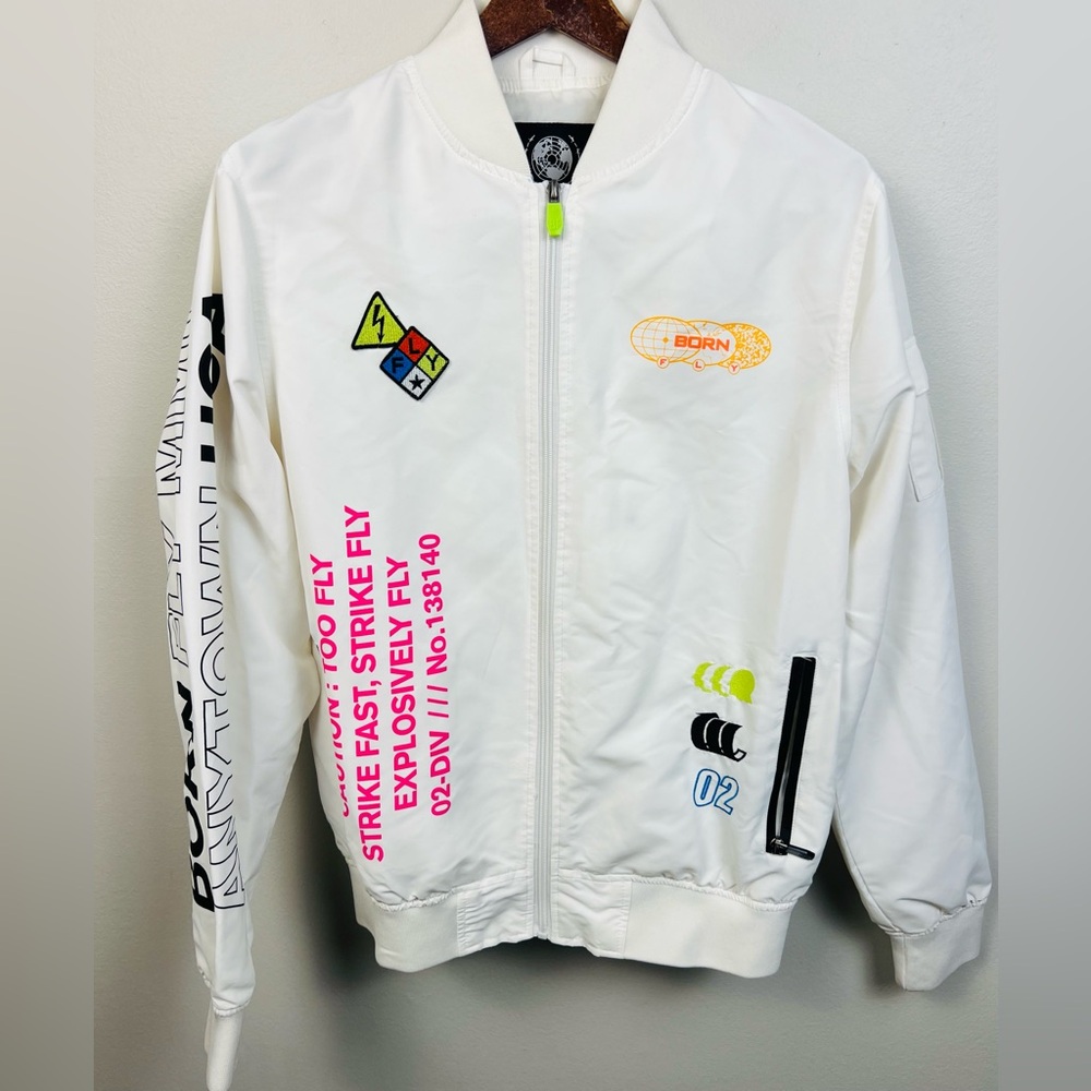 Born Fly Graphic Bomber Flight Jacket – White Streetwear Jacket – Size Small
